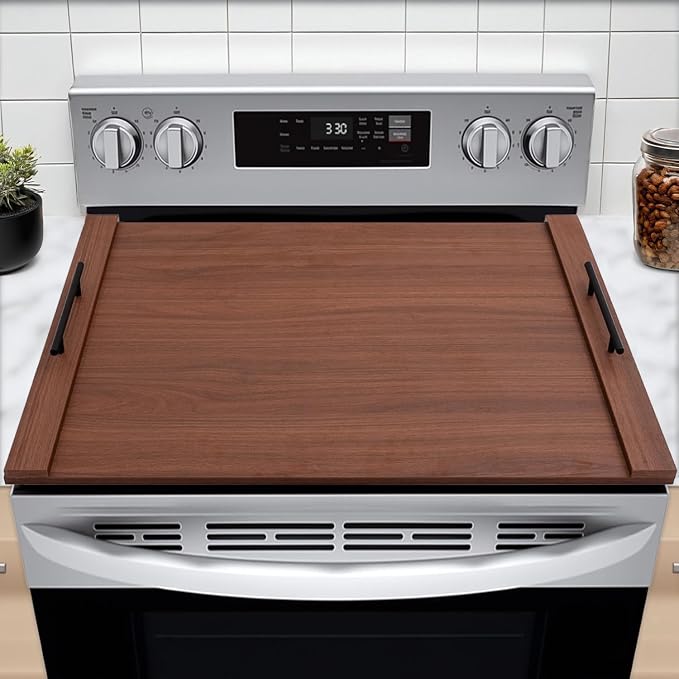 Walnut Noodle Board Stove Cover 30x22 Inch with Handles, Wood Stove Top Cover for Electric and Gas Stovetop, Wooden Kitchen Sink Cover, Decorative Serving Tray