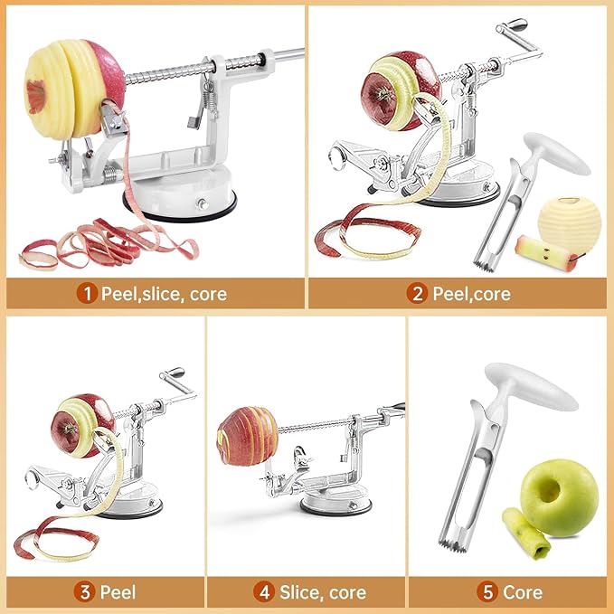 Apple Peeler Corer, 5 In 1 Apple Peeler Slicer Corer with Stainless Steel Blades and Powerful Suction Base for Apples and Potatoes(white)