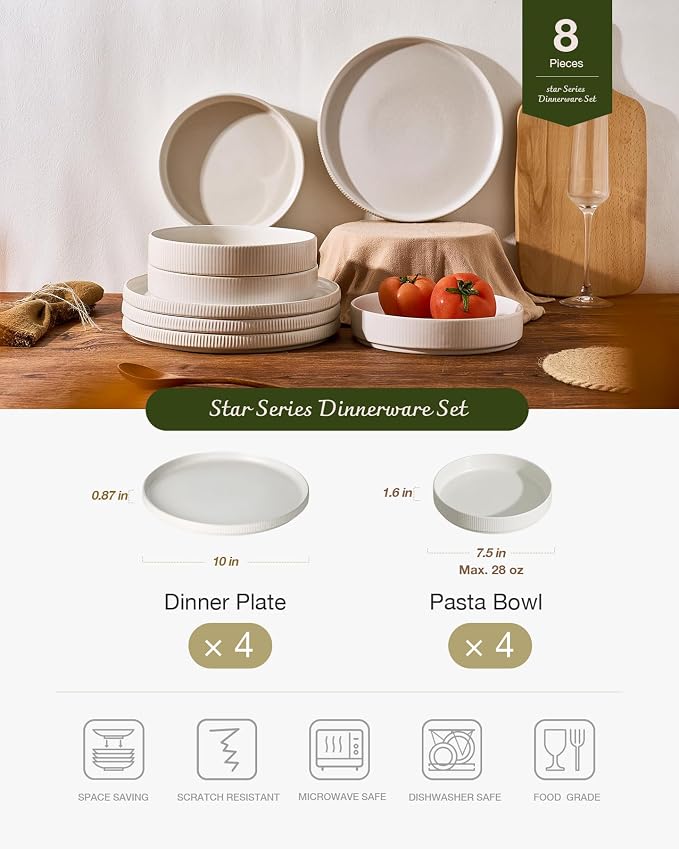 Famiware Star Stoneware Dinnerware Sets, 8-Piece Dishes for 4, Matte White | 7.5" Shallow Pasta Bowls & 10.5" Flat Dinner Plates, Everyday Dining, Chip & Scratch Resistant, Microwave & Dishwasher Safe