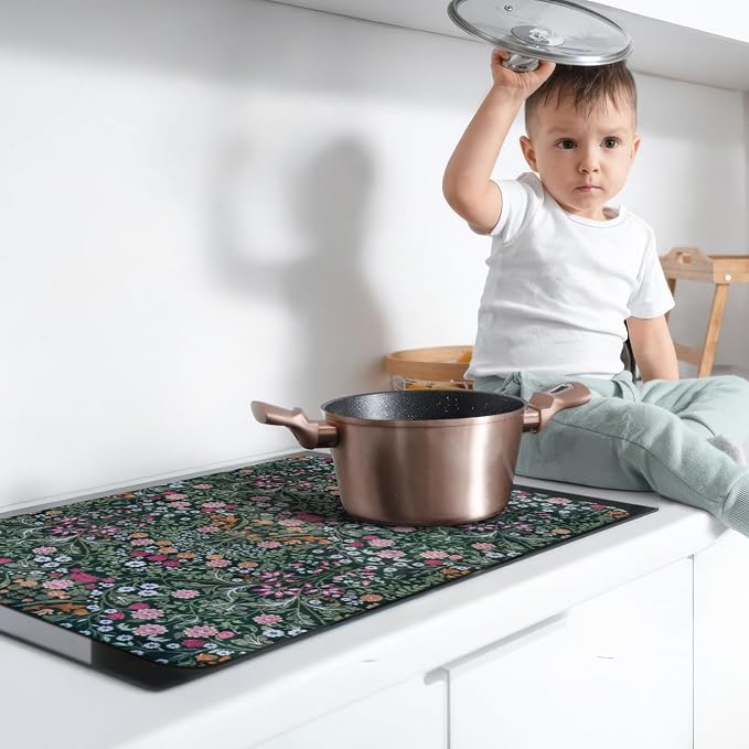 Boho Glass Stove Top Cover for Electric Stoves,Botanical Floral Dark Green Farmhouse Stove Top Cover for Kitchen Decor,Heat Resistant Cooktop Protector Mat,Non-Slip Washable Dish Drying Mat 28"x20"