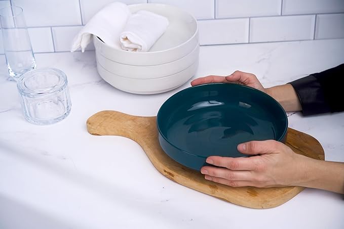 KooK Pasta Bowl, Bowl Plate, Low Bowl, Plate Bowls, Ceramic Large Shallow Bowls, Microwave and Dishwasher Safe, Great for Soups and Salads, Glossy Porcelain, 47 oz, Set of 4, Teal