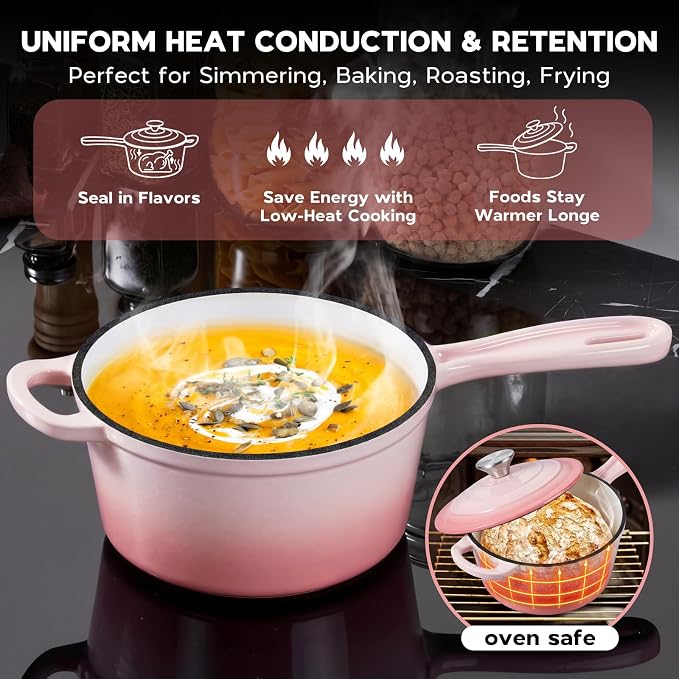 Onader Cast Iron Sauce Pan Pot, 2QT Small Saucepan with Lid, Enameled Cast Iron Dutch Oven Cooking Kitchen Pot – Pink