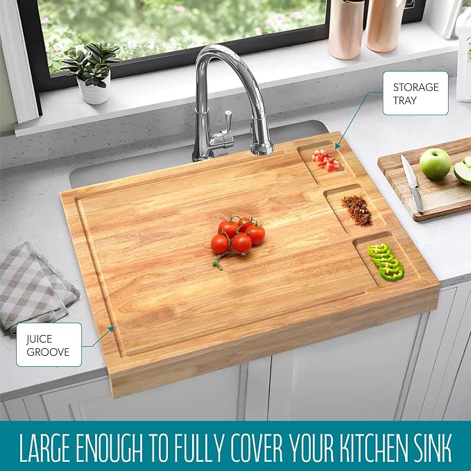 Extra Large Solid Wooden Cutting Board and Stovetop Cover, 3 in 1 Stove Top Cover Chopping Board with Detachable Legs and Juice Groove, Sink Cover Board