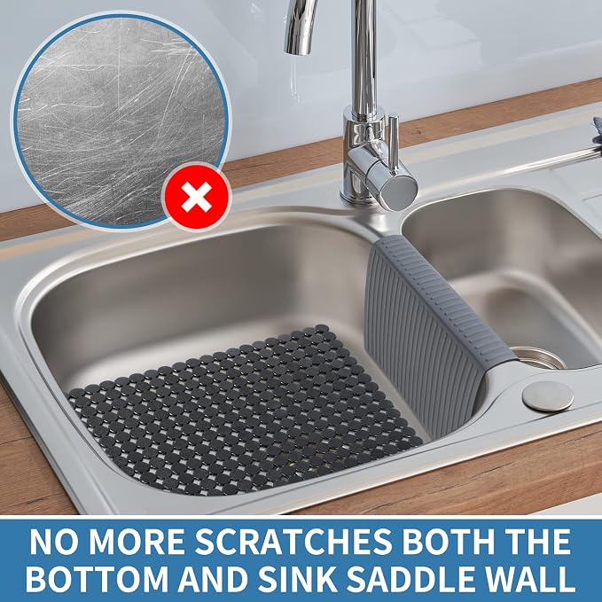 Bligli Silicone Sink Saddle, Large and Durable Sink Divider Mat with No Suction Cups, Kitchen Divided Sink Protector Mat for Glassware Dishes, Easy to Clean and No Smell, 11.8" x 18" (Grey)