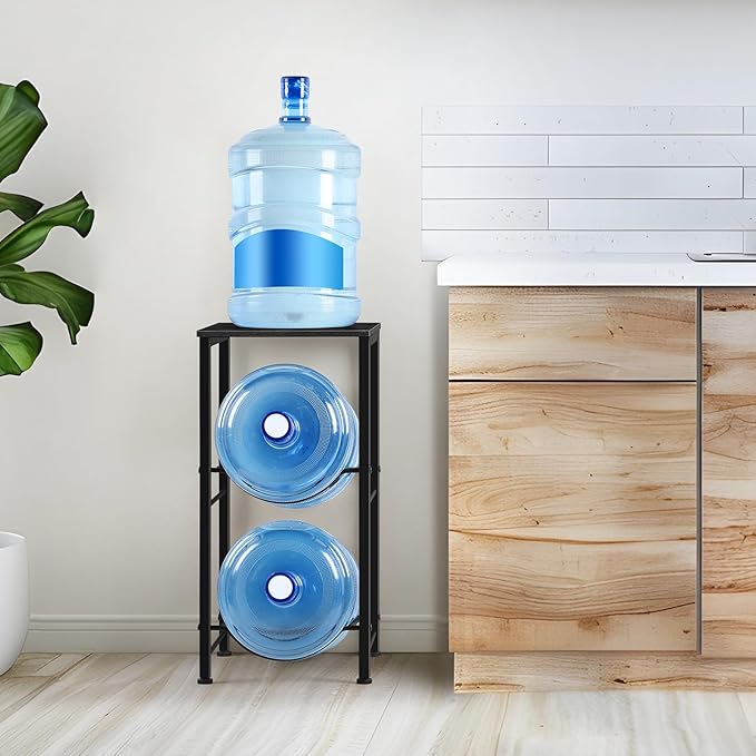 Water Jug Holder 5 Gallon Water Bottle Holder With Top Shelve 2 Tier Water Cooler Storage Rack Heavy Duty Water Dispenser Stand for Kitchen Living Room Office Black