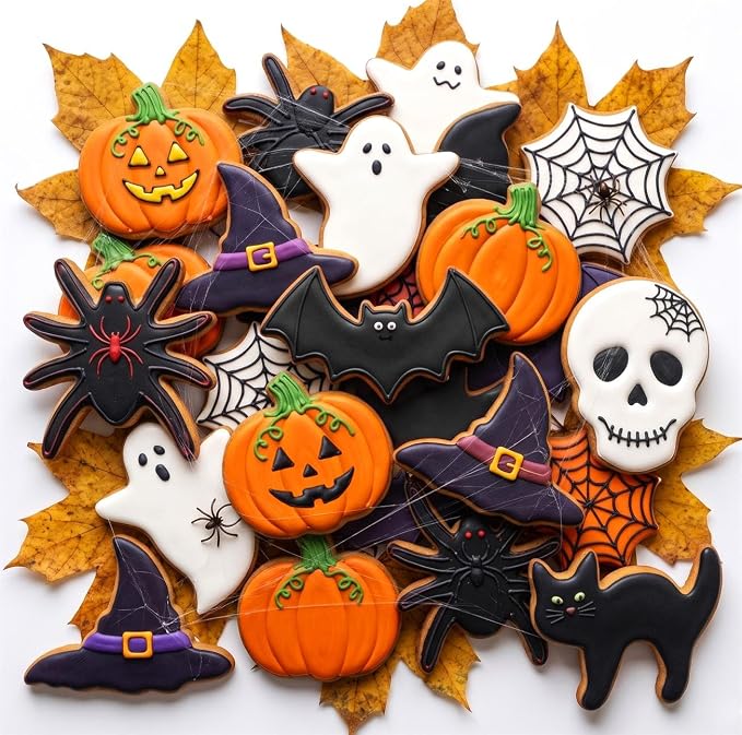 Halloween Cookie Cutters Set 9 Pieces, Metal Cookie Cutters Shapes - Bat, Ghost, Pumpkin, Cat, Witch's Hat, Spider, Spider Web, Skull, Tombstone, Stainless Steel Biscuit Molds for Party Decorations