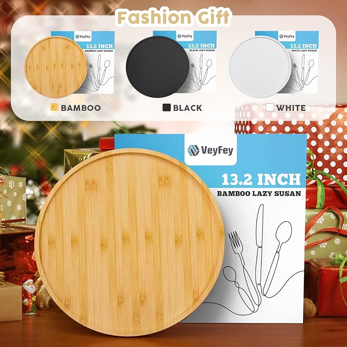 Lazy Susan Organizer, 13.2 Inch Non-Skid Bamboo Turntable | Kitchen Table Cabinets Closets and Kitchen Islands, Wood Turntable for Kitchen Countertop Organizer
