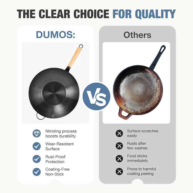 DUMOS 13.5" Carbon Steel Wok Pan, No Chemical Coating, Pre-Seasoned Flat Bottom Pow Wok for Family Meals and Camping, Compatible with Induction, Electric, Gas, Open Fire, Black