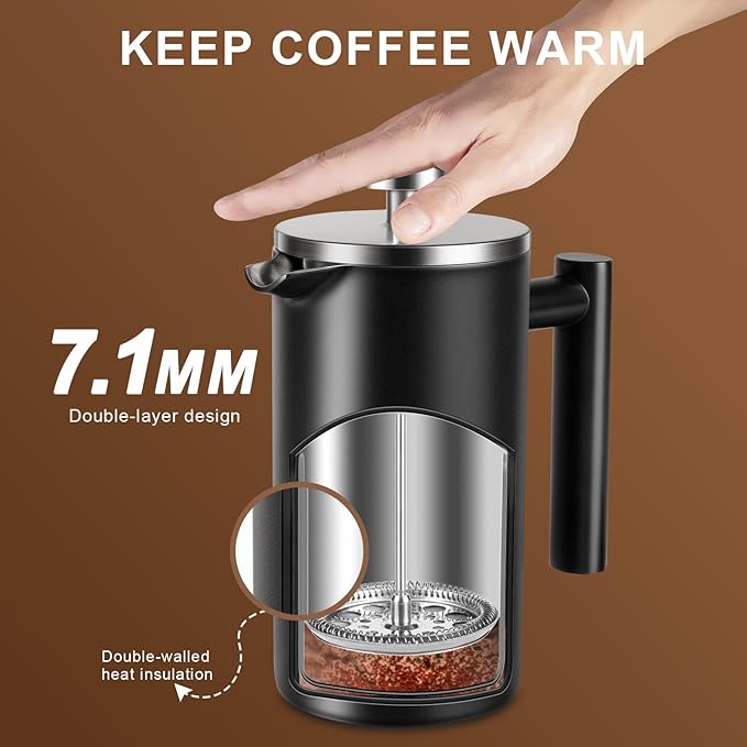 34 OZ Large French Press, Premium Stainless Steel French Press Coffee Maker | Sturdy Insulated French Coffee Press 4 - 8 Cups, Tea Presses for Home Kitchen Camping Travel Loose Tea, Elegant Black