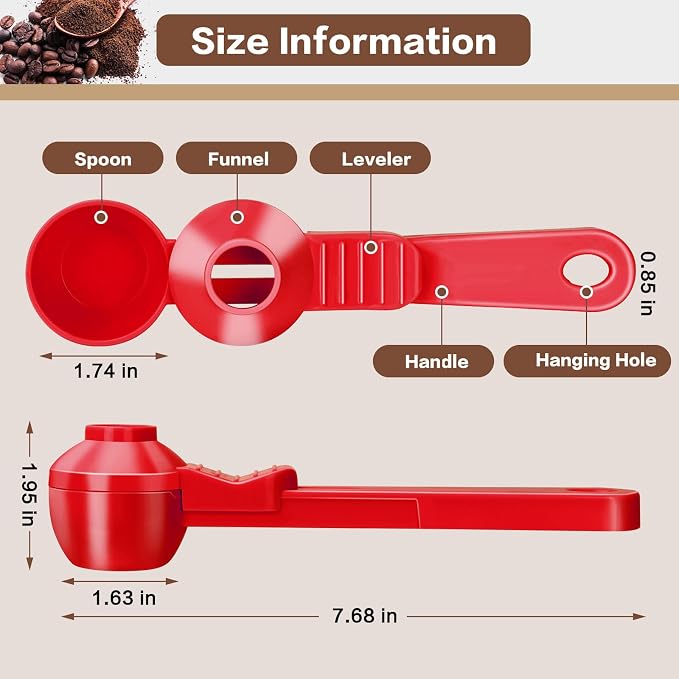 2-in-1 Coffee Scoop with Funnel, 2 Tbsp Measuring Spoon for Reusable K Cups, Ground Coffee, Protein Powder & Tea, Mess-Free Plastic Design（Red-2pack）