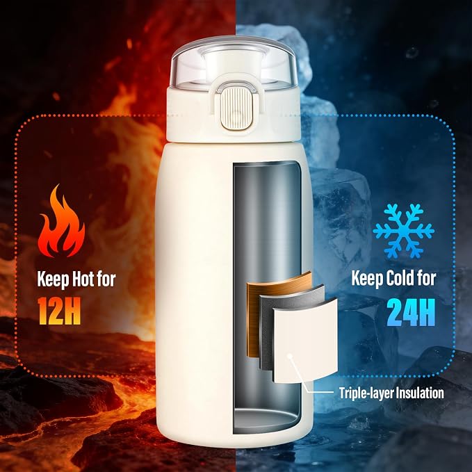 Insulated Water Bottle 12 oz with Dustproof Lid, Carry Handle & Tea Infuser, BPA-Free & Leakproof, Stainless Steel Water Bottles Ideal for Fitness, Hiking, Office & Outdoor Use （Beige ）