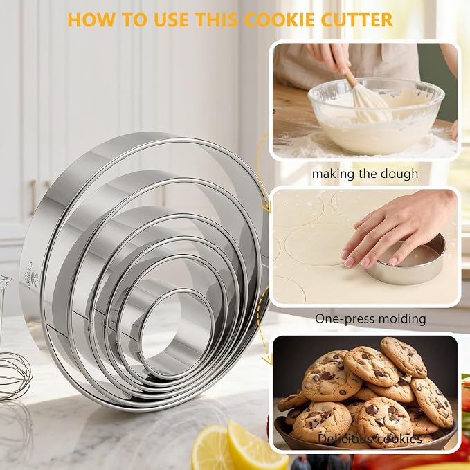 6-Piece Round Cookie Cutters (2, 3, 3.5, 4, 5, 6 Inch) Biscuit Cutter Set | Dishwasher Safe, Laser-Etched Sizes, Stainless Steel Circle Cookie Cutter for Baking, Thick Dough, Biscuits & Fondant