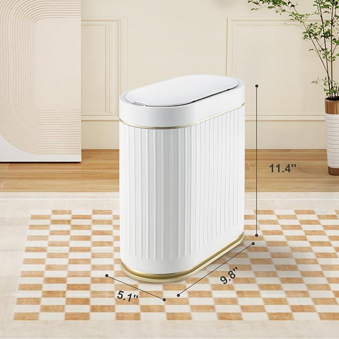 ELPHECO Slim Bathroom Trash Can with Lid, 2 Gallon White Golden | Smart Garbage Can, Plastic Wastebasket, Narrow Garbage Bin, Waterproof Bathroom Decor for Bedroom