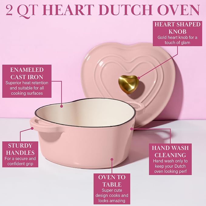 Paris Hilton Enameled Cast Iron Dutch Oven Pot with Lid, Heart-Shaped Dutch Oven, Durable Cast Iron Pot with Dual Handles, Oven Safe to 500°F, Works on All Stovetops, 2-Quart, Pink