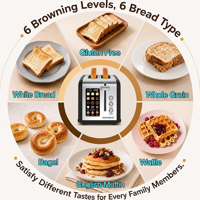 2 Slice Touch Screen Toaster Stainless Steel with Wide Slots for Family Breakfast, Even Toasting for Bagels & Bread, Defrost & Reheat, Easy Removable Crumb Tray, Matt Black