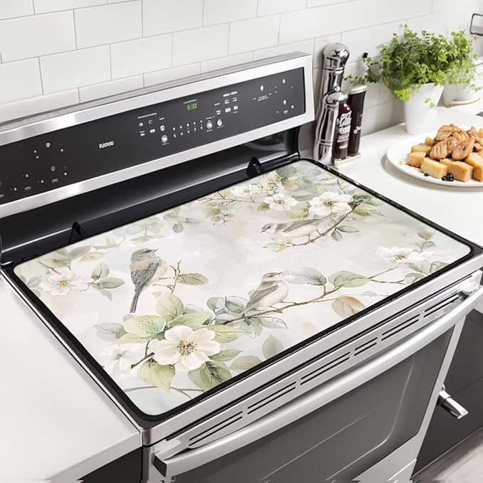 Bird Flower Stove Top Covers for Electric Stove, Fashion Cute Stove Top Cover Protector, Heat Resistant Silicone Stove Mat, Wear Resistant Range Ceramic Gas Burners Mat