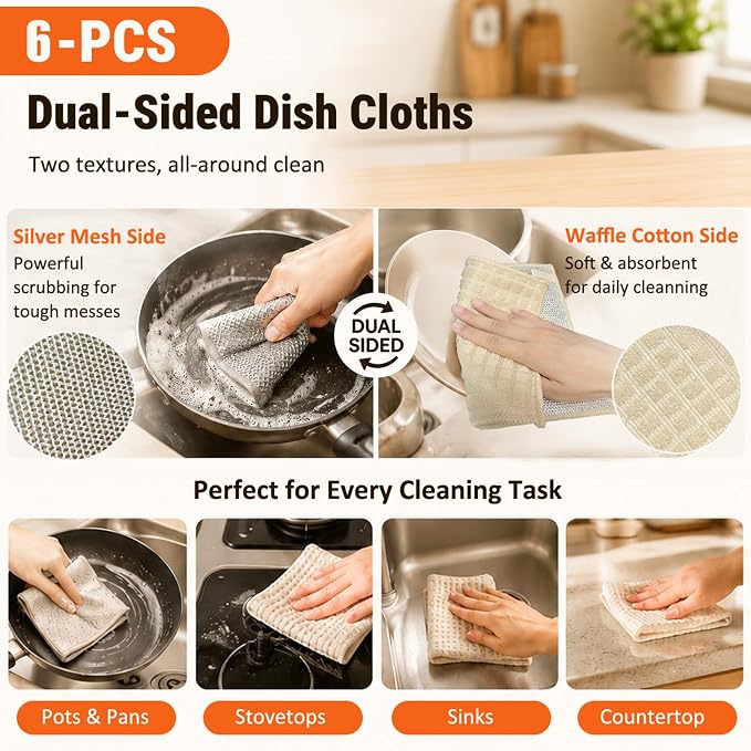Oven Mitts Pot Holders Kitchen Towels Waffle Weave Dishcloths Sets 12Pcs | Silver Wire Dishcloths, Oven Gloves Pot Pads 500°F Heat Resistant w/Non-Slip Silicone Surface for Cooking Baking Grilling