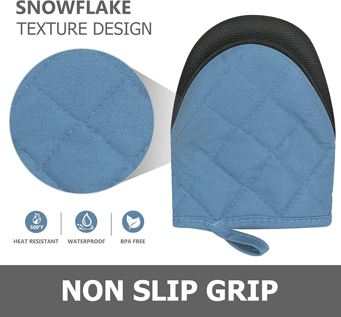 1 Pair Short Oven Mitts - Silicone Kitchen Oven Gloves High Heat Resistant 500℉, Mini Oven Mits with Non-Slip Grip Surfaces and Hanging Loop for BBQ, Baking, Cooking and Grilling (Bule)
