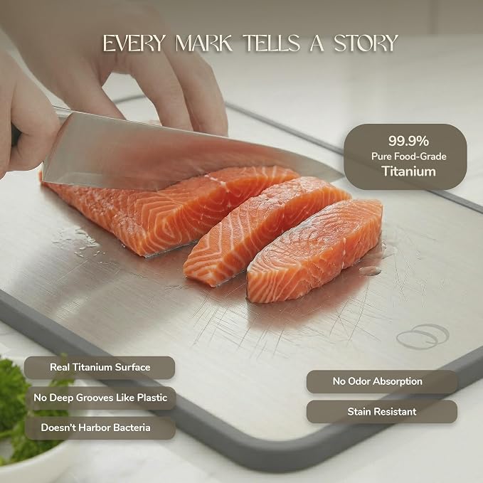 Titanium Cutting Board Double-Sided 2-in-1 (99.9% Titanium + PP), 15" x 10", with Accessories (Finger Guard, Glove, Thumb Knives) - Kitchen Metal Chopping Board for Meat, Fruits & Vegetables
