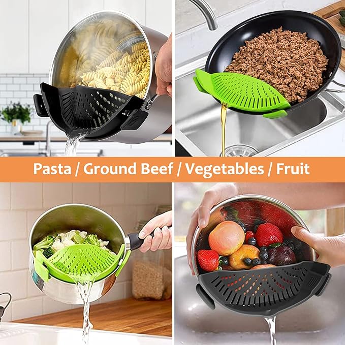 YEVIOR Clip on Strainer for Pots Pan Pasta,Silicone Food Pan Strainer | 2 Pack Food-grade BPA-free,Kitchen Food Strainer for Spaghetti, Pasta,Vegetable Fruits Fits All Bowls and Pots