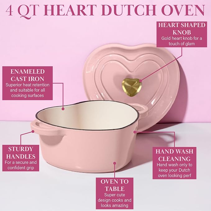 Paris Hilton Enameled Cast Iron Dutch Oven Pot with Lid, Heart-Shaped Dutch Oven, Durable Cast Iron Pot with Dual Handles, Oven Safe to 500°F, Works on All Stovetops, 4-Quart, Pink