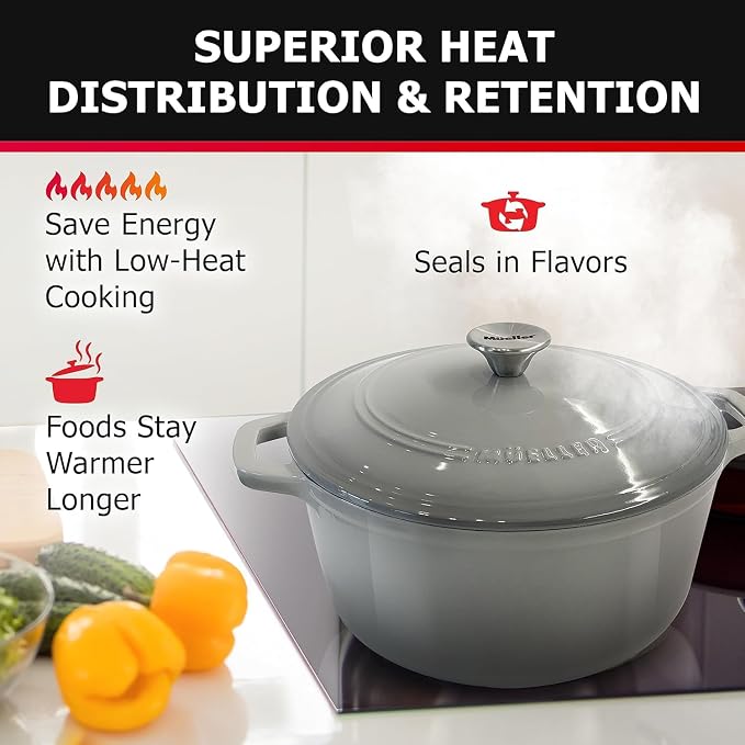 MUELLER HOME 7.5 QT Enameled Cast Iron Dutch Oven, Heavy-Duty, Oven-Safe up to 500° F & Across All Cooktops, Casserole Dish and Braiser Pan with Lid and Stainless Knob, Grey | Heavy-Duty, Oven-Safe up to 500° F, All Cooktops Compatible, Casserole Dish ...