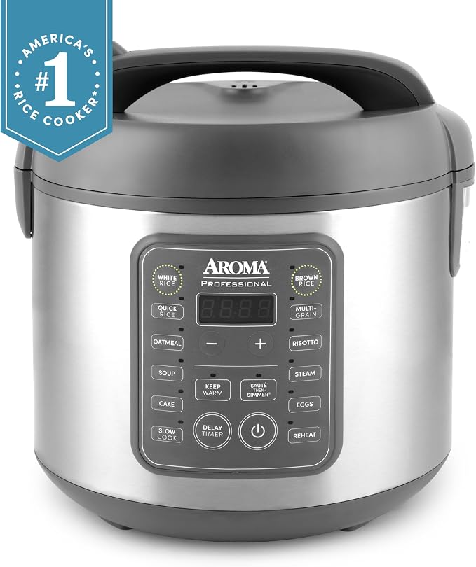 AROMA Professional Digital Rice Cooker, 10-Cup (Uncooked) / 20-Cup (Cooked), Multicooker, Slow Cooker, Steamer, Oatmeal Cooker, Egg Cooker, STS, 5 Qt, Gray, ARC-5200SG
