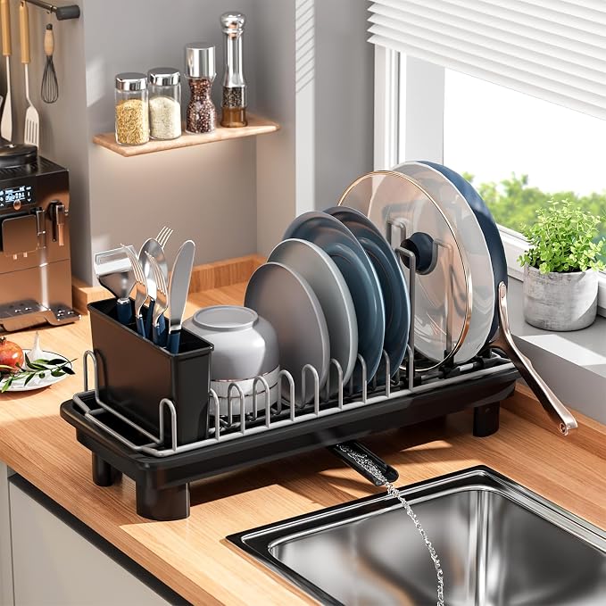 Small Dish Drying Rack, Stainless Steel with Drain Board & Utensil Holder | Anti-Scratch Base, Space Saving Design for Kitchen Counter, Black