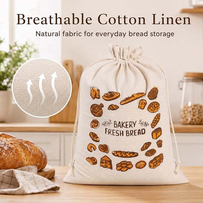 2 Pack Reusable Cotton Bread Bags for Homemade Bread, 16 x 12 Inch Drawstring Bread Storage Bags, Washable Cloth Bags for Sourdough Loaves, Baguettes, Bakery Bread, Rolls, Pastries and Produce