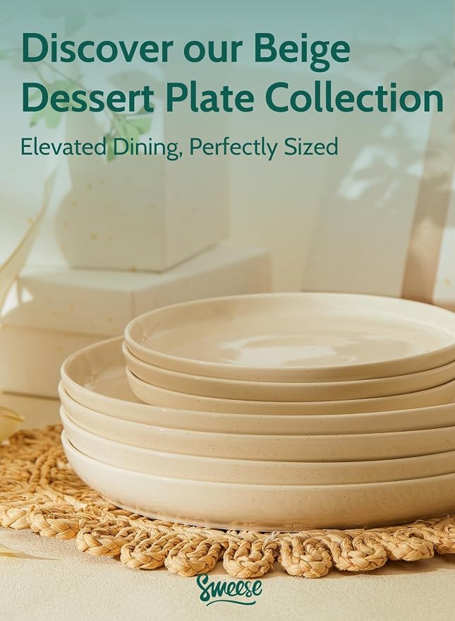 Sweese Porcelain Dinner Plates Set - 10 Inch Beige Round Dishes, 6-Pack, for Salad Serving, Scratch Resistant, Oven, Microwave Safe