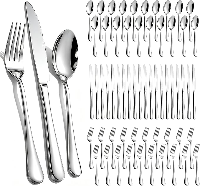 60-Piece Silverware Set for 20 - Stainless Steel Flatware Cutlery Set, Mirror Polished Flatware Set Include Forks Spoons Knives for Home Wedding Restaurant, Dishwasher Safe, Silver, 60 PCS