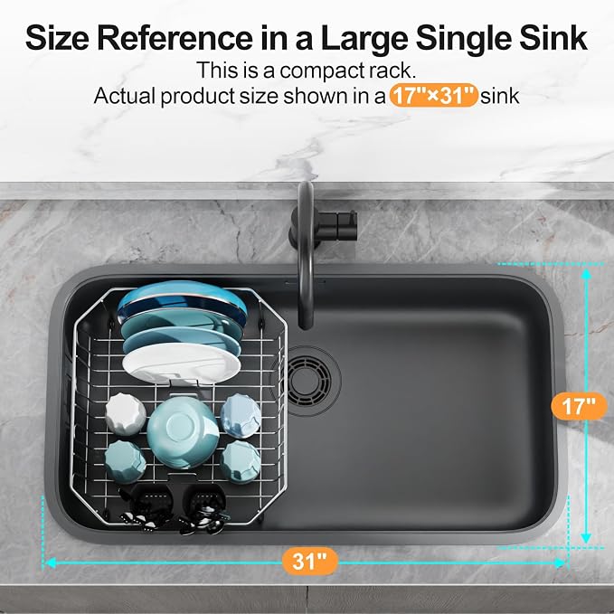 Small in Sink Dish Drying Rack - Stainless Steel for RV Kitchen | Compact Design, Rust-Resistant, Angled Corners Fit Square & Round Sinks, Removable Utensil Holder, Cup Hooks, 13.1"W x 14.4"L