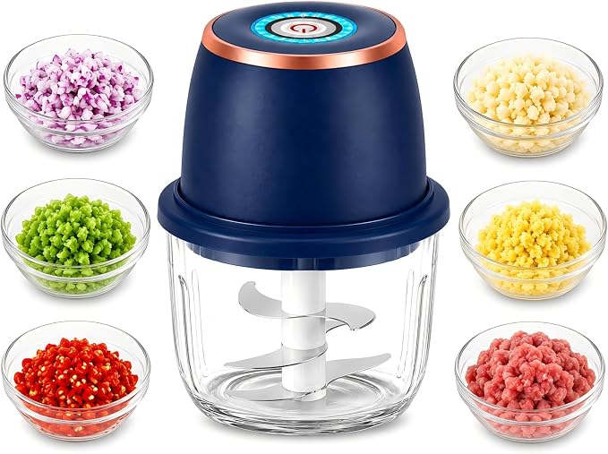 Electric Garlic Chopper, 350ml Mini Food Processor with 6 Stainless Steel Blades & Thickened Glass Bowl, USB Rechargeable Portable Food Grinder for Garlic, Onion, Nuts, Meat, Chili & Fruit(Blue)