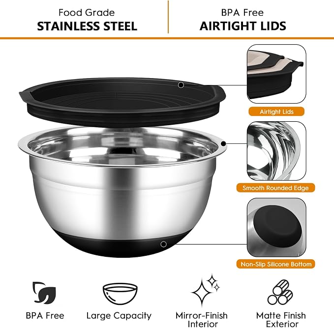 Mixing Bowls with Airtight Lids, 18pcs Stainless Steel Mixing Bowls Set | Nesting Non-slip Silicone Bowls Bottom, Size 4.5, 3.6, 2.7, 2.1, 1.7, 1.1, 0.7 qt, Fit for Mixing & Serving(Black)