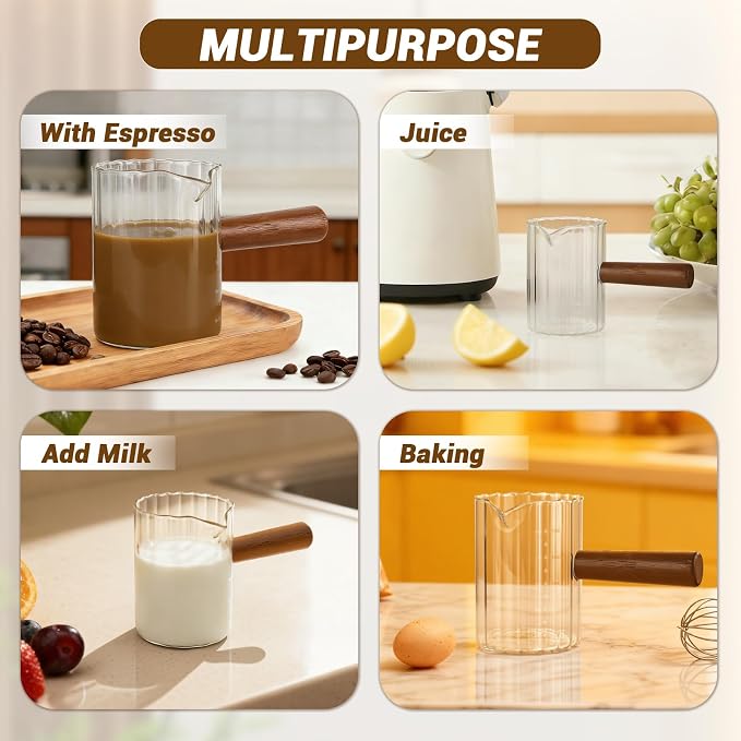 Espresso Measuring Cup 9 Oz, Espresso Glass Cups with Wood Handle, Milk Frothing Cup, Espresso Cup for Coffee, Milk, Tea or Maple Syrup Serving (Transparent, 9 oz)