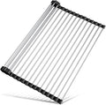 Tomorotec Roll Up Dish Drying Rack Over Sink, 304 Steel, 17.7x12.5, Black | Anti-Slip Silicone Rims For Grip, Heat-Resistant Trivet Mat Holding Heavy Cookware, Rustproof Kitchen Counter Space Saver