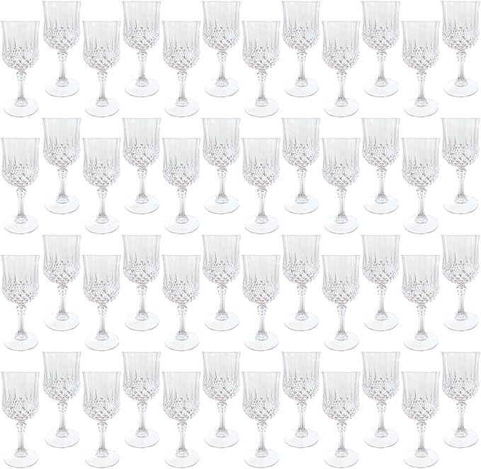 48Pack Plastic Wine Glasses, 7oz Vintage Goblets for Wedding | Unbreakable Crystal Style Reusable Stemware, Elegant Clear Drinking Glass for Party Anniversary & Holiday Celebration
