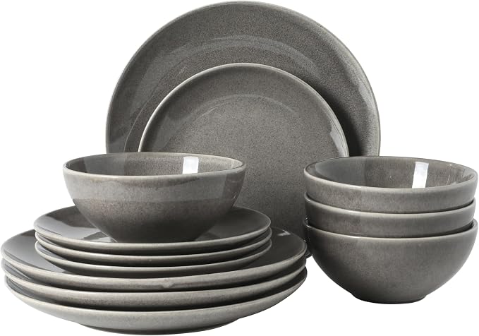 Gibson Elite Castle Peak Plates and Bowls Set, 12-Piece Dinnerware Set, Grey Reactive Glaze Stoneware Dishes, Dinner Plates, Salad Plates & Cereal Bowls