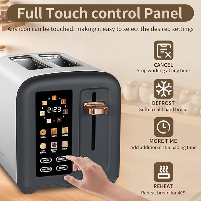 SEEDEEM 2 Slice Stainless Steel Toaster, Touch LCD, 7 Shade, 1350W | 6 Bread Type, 7 Shade Setting, 1.5''Wide Slots, Removable Crumb Tray