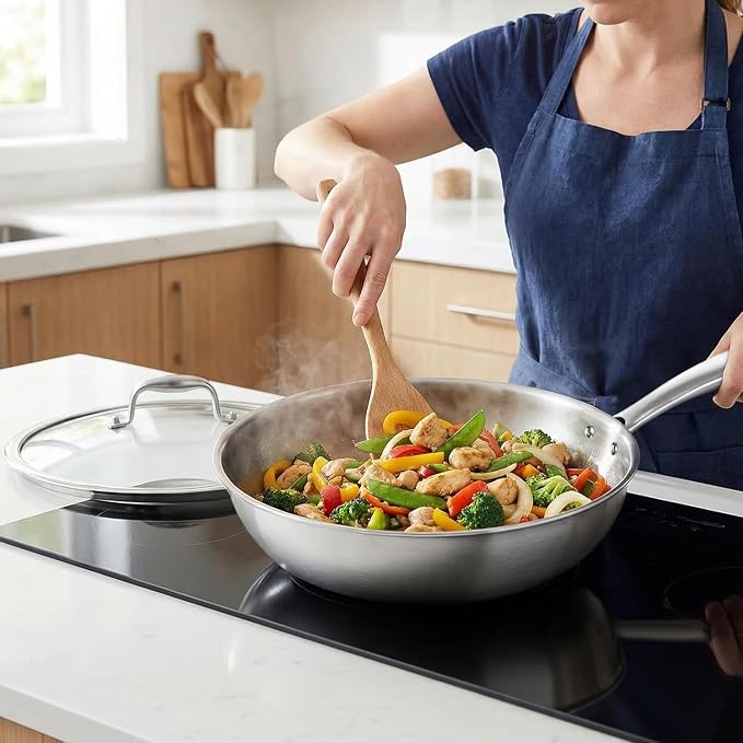 Inqibee 10 Inch Stainless Steel Wok Pan with Lid, Riveted Handle | Uncoated Tri-Ply Stainless Steel Stir Fry Pan, Everyday Cooking Wok for Induction, Flat Bottom, Dishwasher & Oven Safe