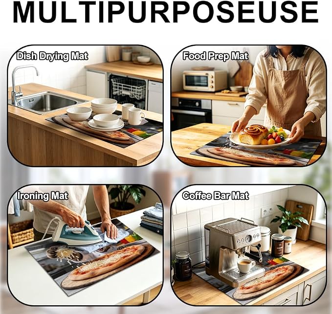 Funny Cat Pizza Stove Top Cover for Electric Stove, 28x20 In Mat | Heat-resistant non-slip mat holds hot cookware; glass cooktop protector, dish drying; kitten cheese cat lover kitchen decor
