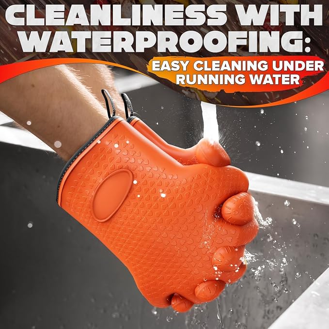 Silicone Grill Gloves for Cooking, Non-Slip and Heat Resistant Material | 11x5.3" Silicone BBQ Gloves with Cotton Lining; Waterproof; Suitable for Grilling, BBQ, Smoker, Handling Hot Pots and Pans