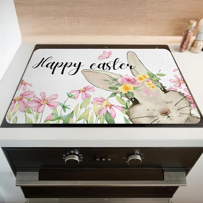 Happy Easter Glass Stove Top Covers for Electric Stove,Spring Bunny Rabbit Flowers Floral Cute Heat Resistant Cooktop Protector Non-Slip Washable Dish Drying Mat Rug Pad for Kitchen Decor 28"x20"
