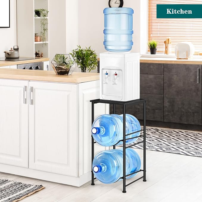 OYEAL Water Bottle Holder 5 Gallon Water Jug Holder with Storage Shelf, 2 Tier Black Water Bottle Rack Stand with 2 Slots for Small Space, Kitchen, Home Office, Living Room