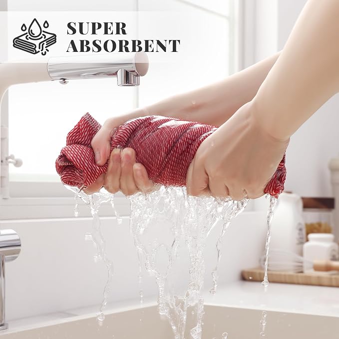 Homaxy 3 Pack Cotton Terry Premium Kitchen Towels, 18 x 28 in, Red | Large 380 GSM Dish Towels, Highly Absorben Flat & Terry Kitchen Hand Towels, Soft Utility Tea Towel Set with Hanging Loop