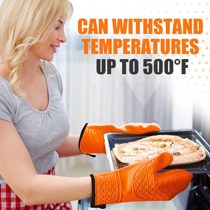 Silicone Oven Mitts, Heat Resistant 2PCS Oven Mitts with Soft Cotton Lining, Waterproof Non-Slip Grip Oven Glove, Kitchen Potholder Mits for BBQ, Baking, Cooking, 12.5 Inch - Orange