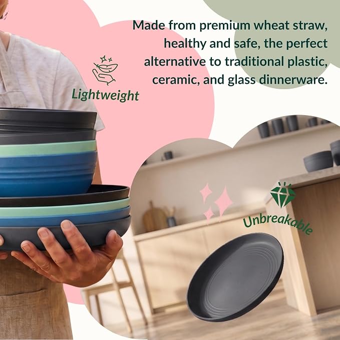 Unbreakable Plates and Bowls Sets 20 PCS Wheat Straw Dinnerware Sets Microwave & Dishwasher Safe Plate Set Kids Plastic Plates Camping Dish Set, Salad, Hamburger, Pizza-Nightscape
