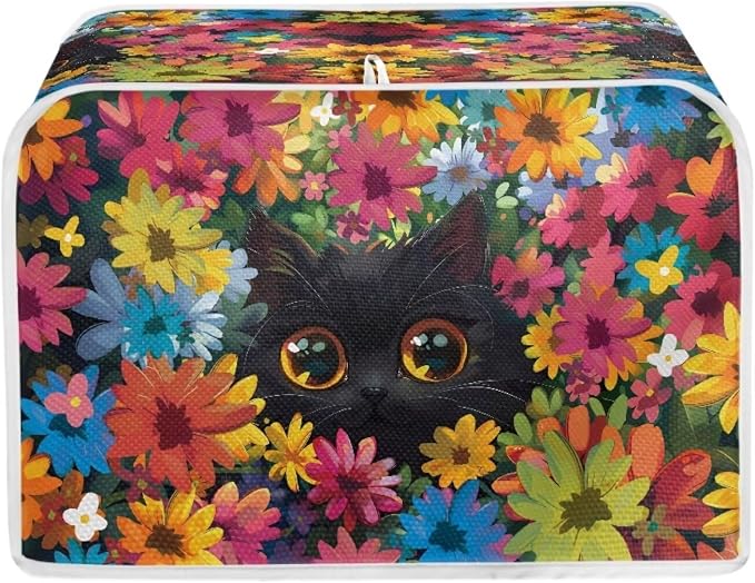 Cat Floral Print Toaster Cover 2 Slice Long Slot, Non Slip Bread Cover Dust Protection, Washable Toaster Accessories