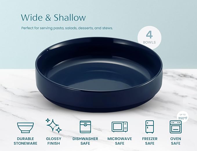 KooK Ceramic Large Pasta Bowls, Microwave and Dishwasher Safe, Great for Soups and Salads, Shallow Serving Bowls, Glossy Porcelain, 47 oz, Set of 4, Navy Blue