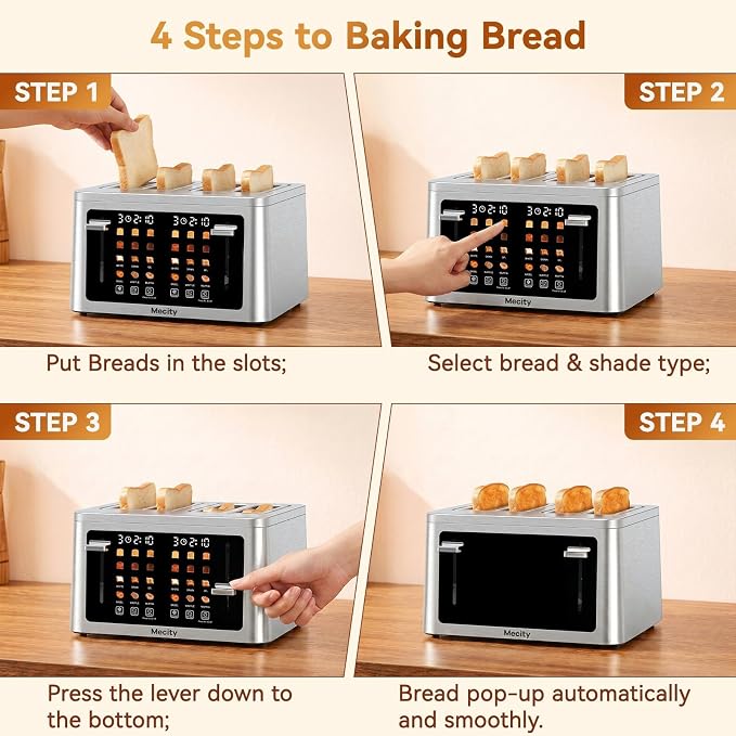 Mecity 4 Slice Touchscreen Toaster, 6 Bread Modes & 6 Browning Levels, Dual Touch Control Wide Slot Stainless Steel Electric Toaster with Memory, Defrost, 3-Min Auto Shutoff for White, Bagels, Waffles